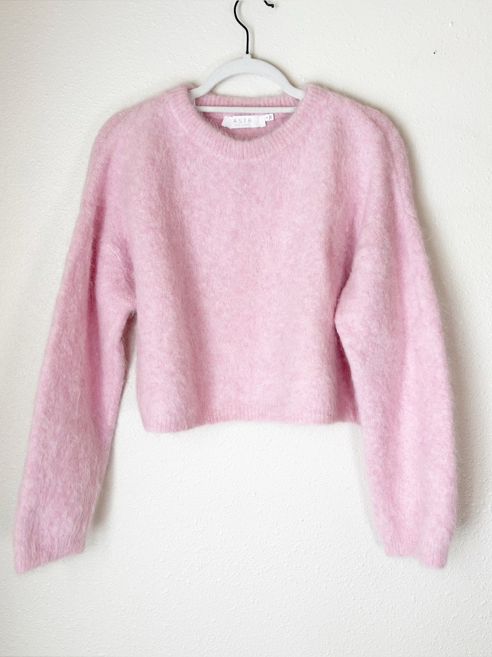 ASTR Pink Fluffy Angora Blend Crop Sweater S Cabin Cozy Vibes Soft Girl